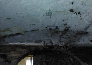 R1 wireless crackmeter installed across a crack on a concrete wall in a cellar