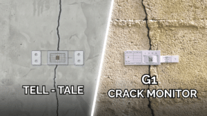 Tell-tale crack monitor and Saugnac G1 crack monitor fitted on a crack